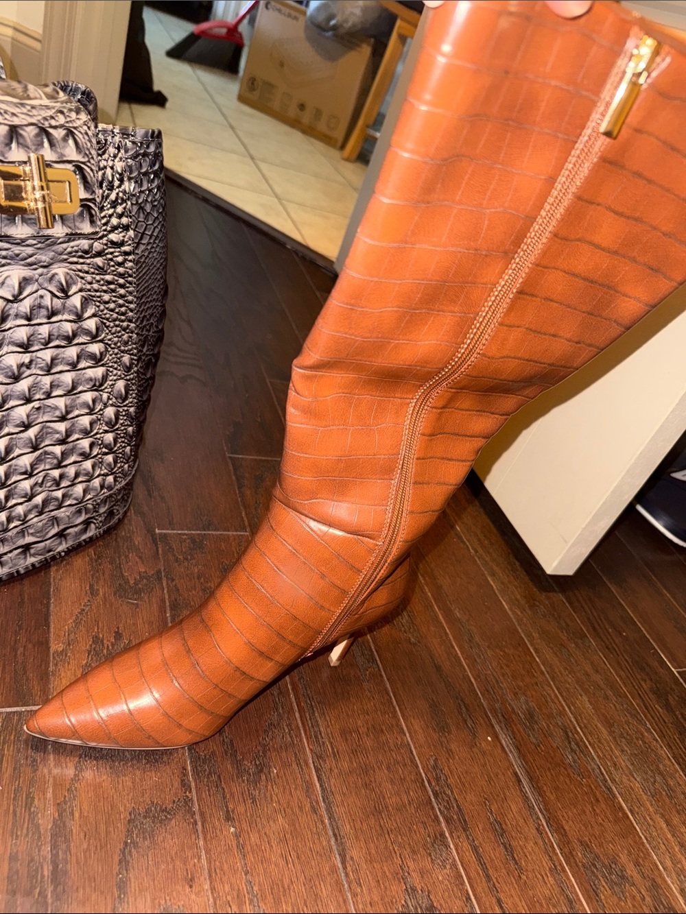 JustFab Cognac Faux-Croc Pointed Toe Knee Boot